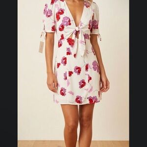Bardot White Mini Dress with Red and Purple Floral Print. EUC